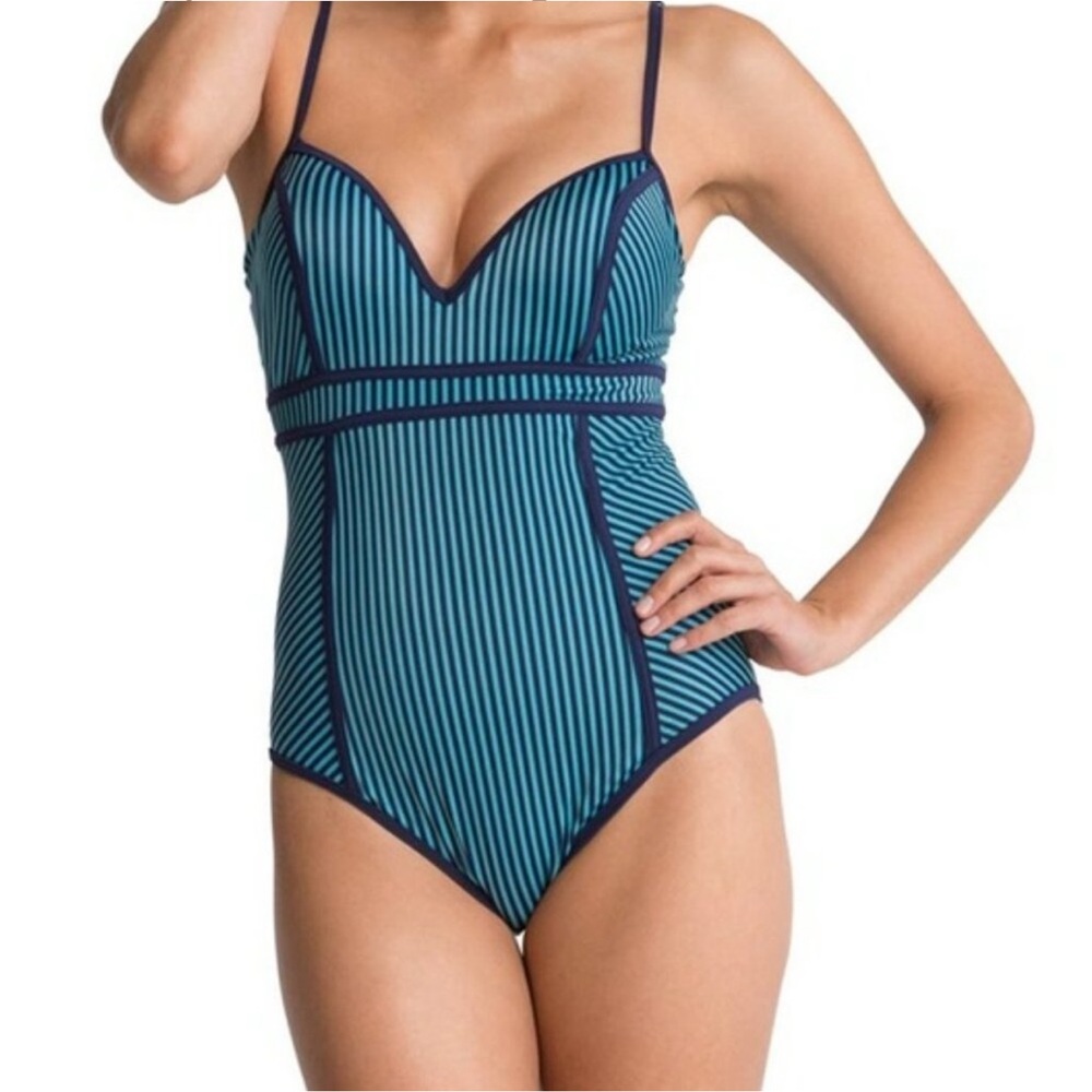 Spanx Blue Stripe Sweetheart One Piece Underwire Shaping Swimsuit Sz 10